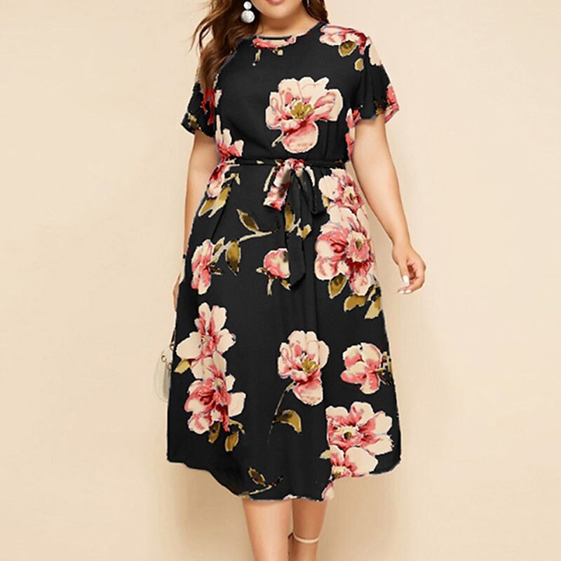 Women's Plus Size A Line Dress Floral Casual Midi Dress