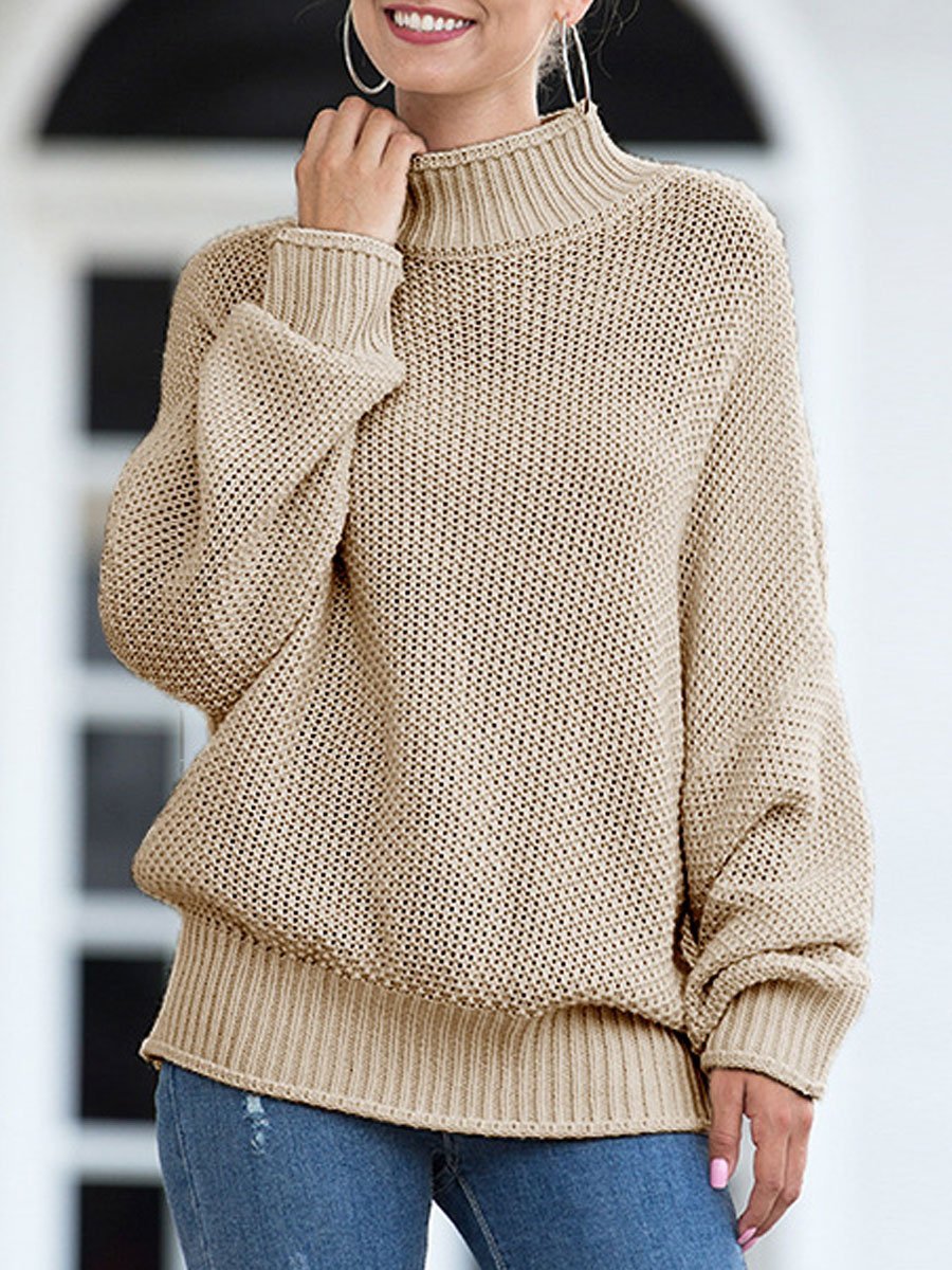 Rolled high neck bat sleeve knit sweater