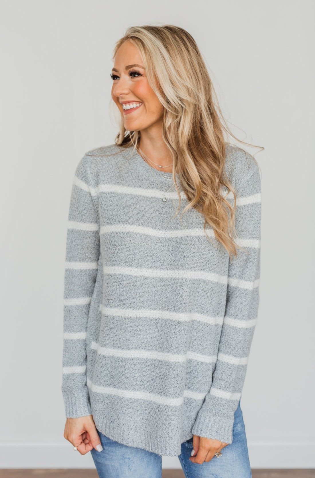 Way Of Life Striped Knit Sweater- Grey & Ivory