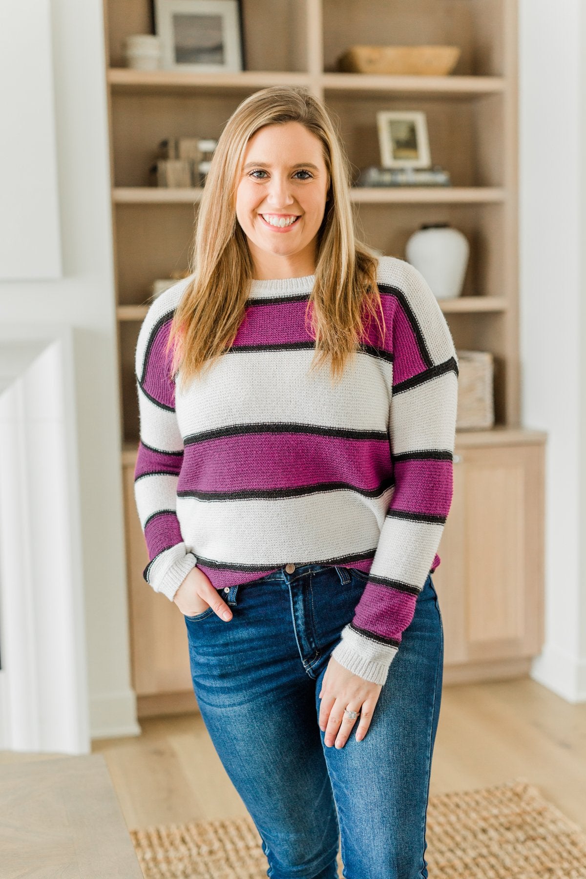 Oh So Soft Striped Knit Sweater- Magenta