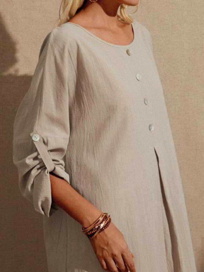 Ladies Cotton Linen Solid Color Round Neck Casual Loose Adjustable Long Sleeve Dress