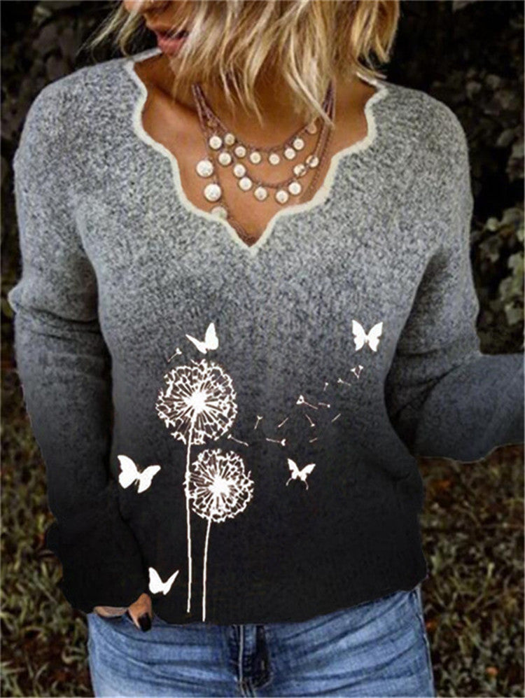 Women's Printed Dandelion Sweater Long Sleeve V-Neck Top