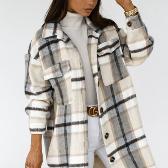 Elegant plaid design long sleeve women coat