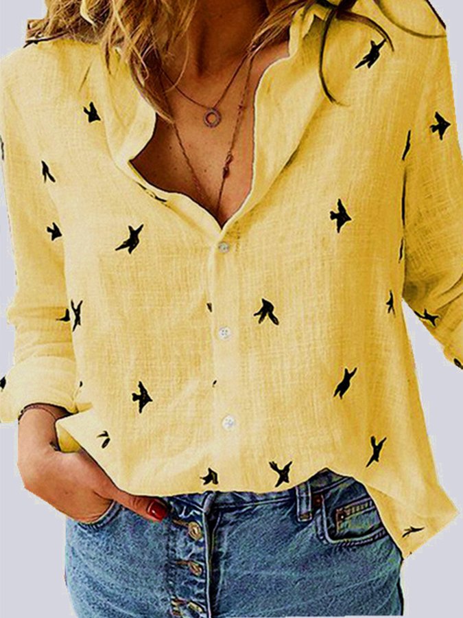 Ladies Cotton Linen Print Casual Loose Long Sleeve Shirt