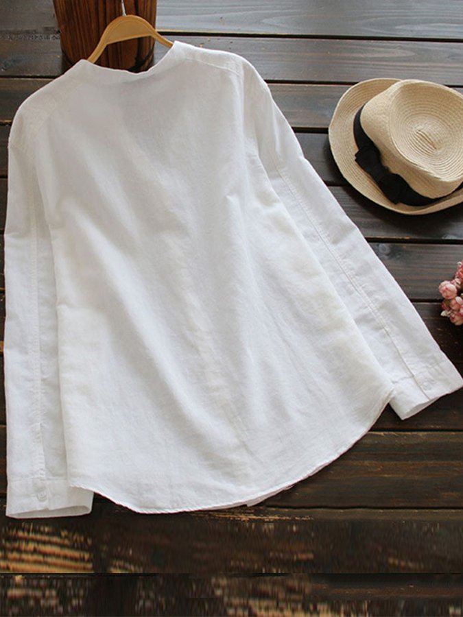 Women's Cotton Linen Cat Print Casual Loose Long Sleeve Shirt