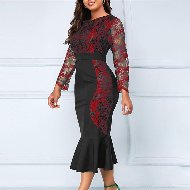 Women's Plus Size Party Dress Floral Crew Neck Long Sleeve Winter Fall Fashion Elegant Formal Midi Dress Party Evening Party Dress