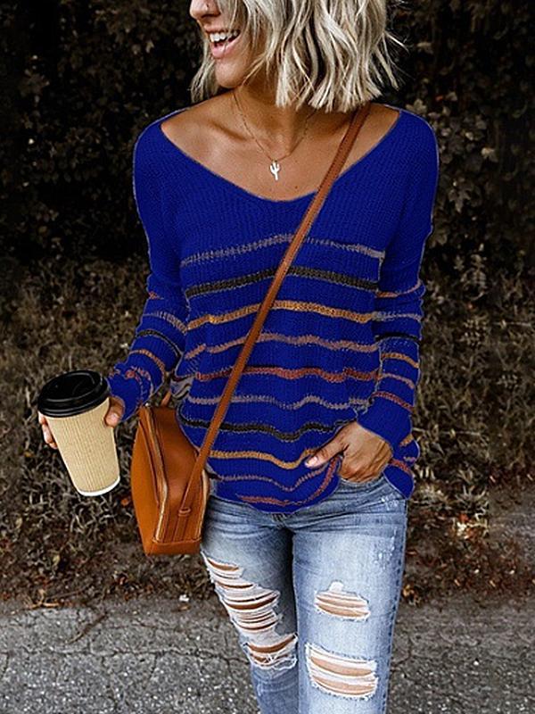 Striped Printed V-neck Loose Casual Long Sleeved Sweater