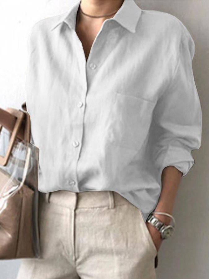 Women's Cotton Linen Solid Color Fashion Commuter Casual Shirt