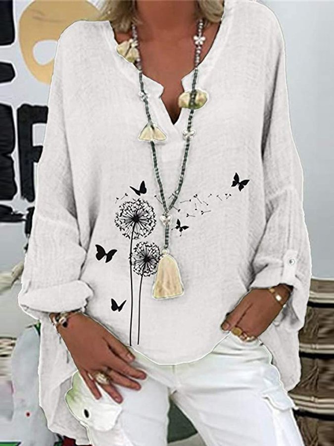 Ladies Cotton Linen V-Neck Plus Size Printed Shirt