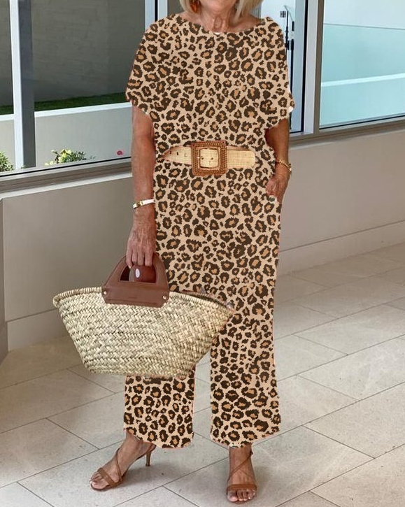 Leopard Print Short Sleeve Top and Trousers Two-Piece Set