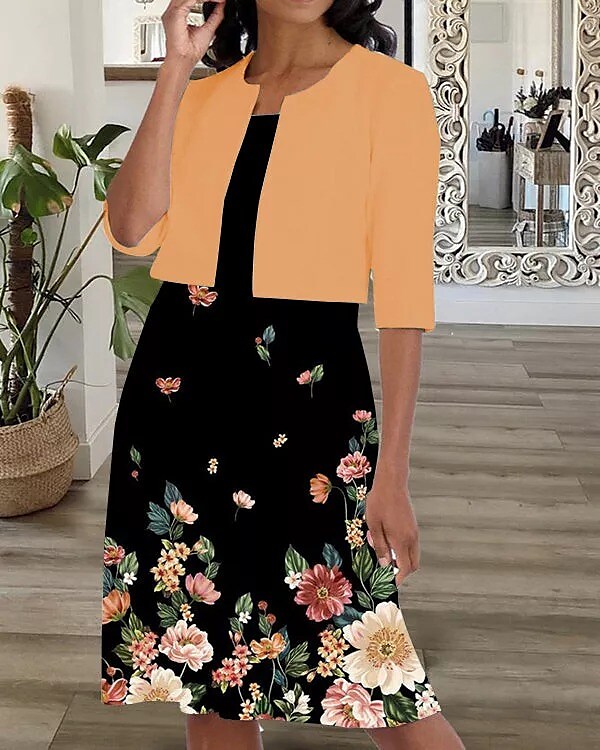 Two-Piece Women's A Line Dress Set Print Crew Neck Casual