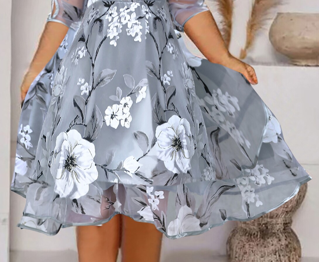 Women's Plus Size A Line Dress Floral Round Neck 3/4 Length Sleeve