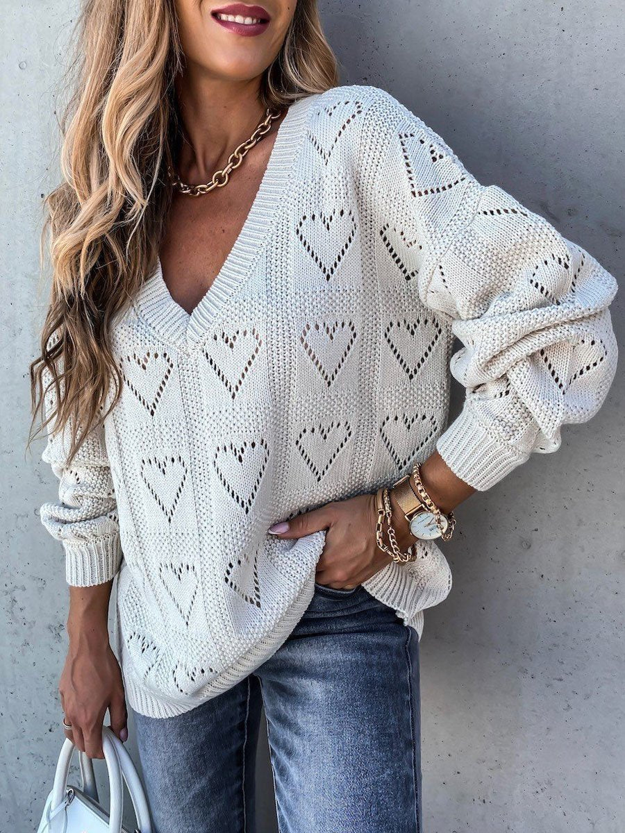 Solid color V-neck heart-shaped hollow loose knit sweater