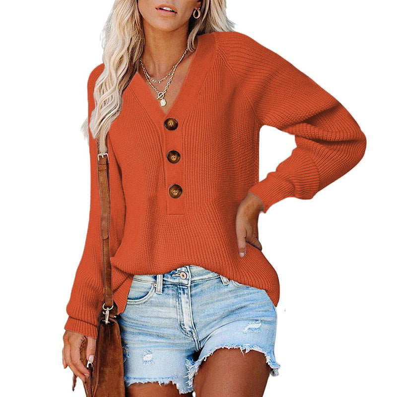 Women's Solid Long Sleeve Button Sweater