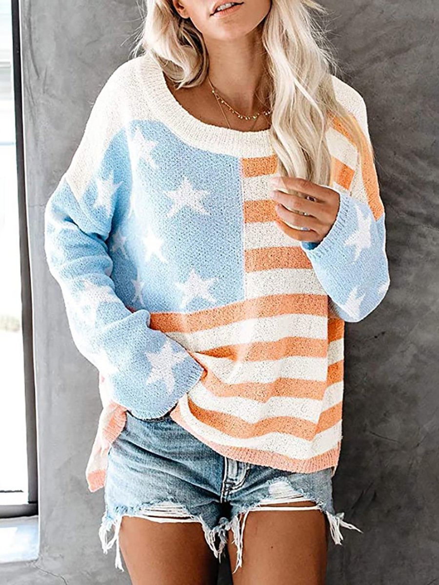 American Flag Off Shoulder Pullover Knitted Sweater