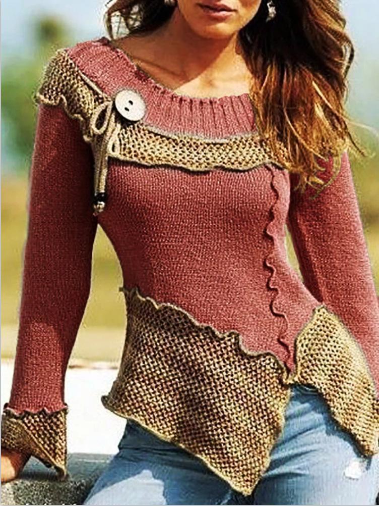 Retro Long Sleeve Sweater With Stitching Round Neck