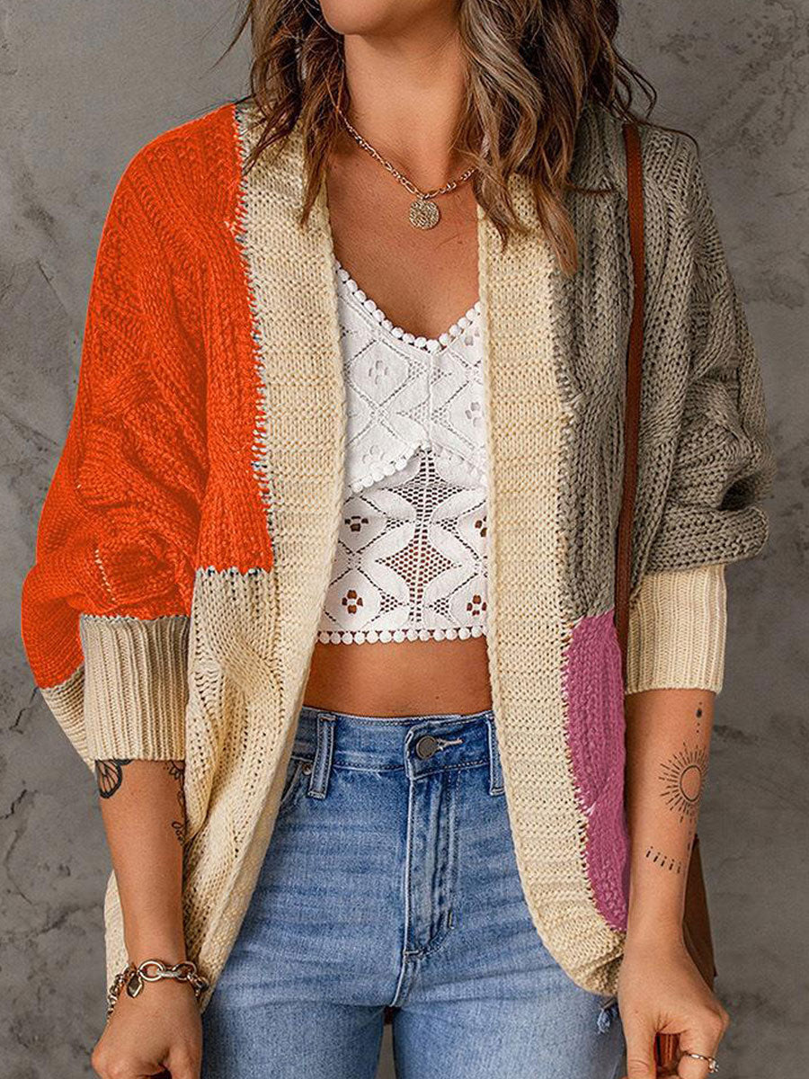 Casual Loose Sweater Contrast Panel Cardigan
