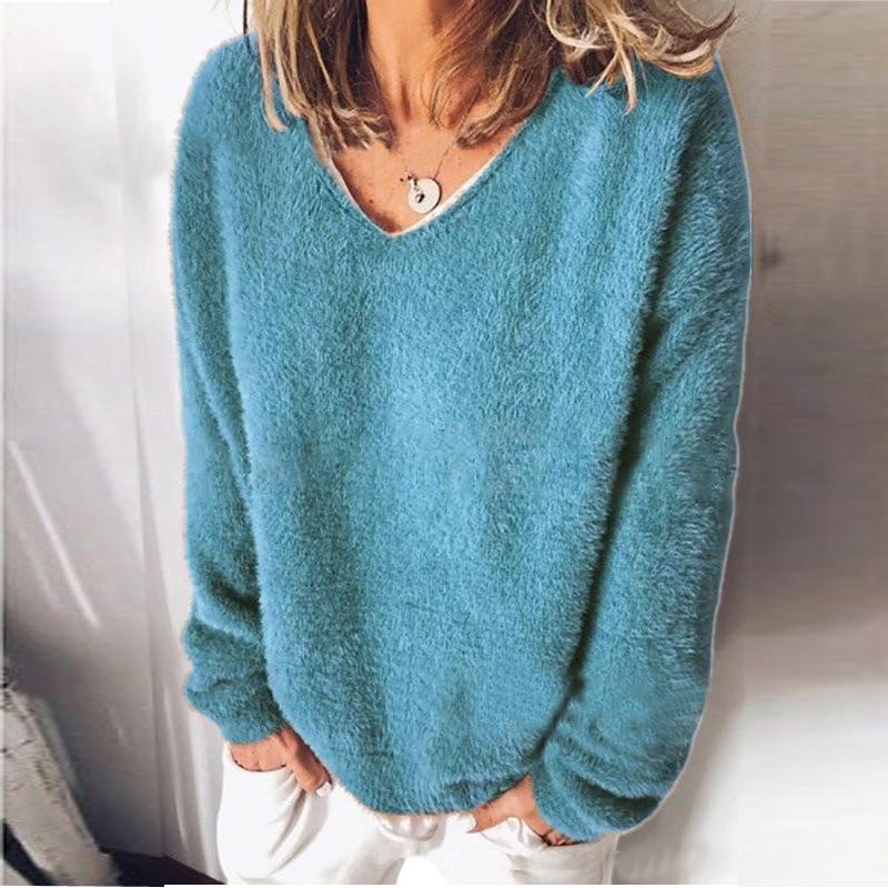 V-Neck Solid Color Furry Sweater