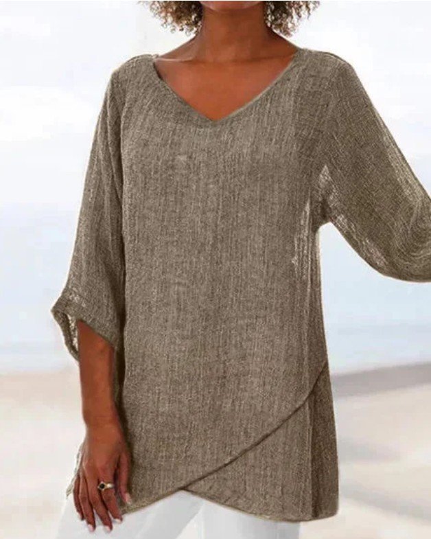 Women's Cotton Linen Fashion Simple Solid Color Irregular Hem V-neck Long Sleeve Top