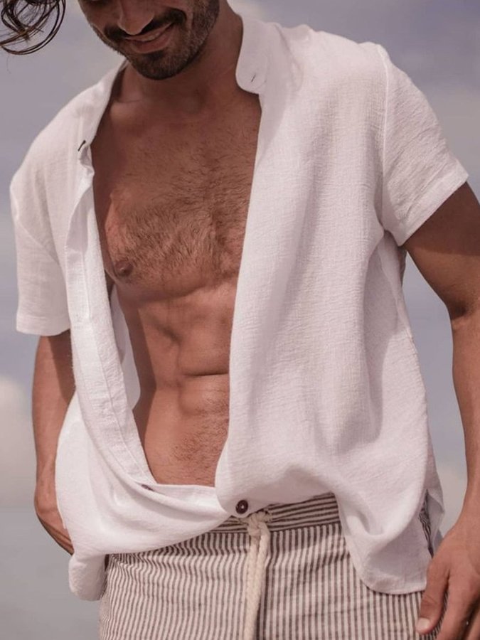 Simple Cotton Sinen Solid Stand Collar Short Sleeve Shirt