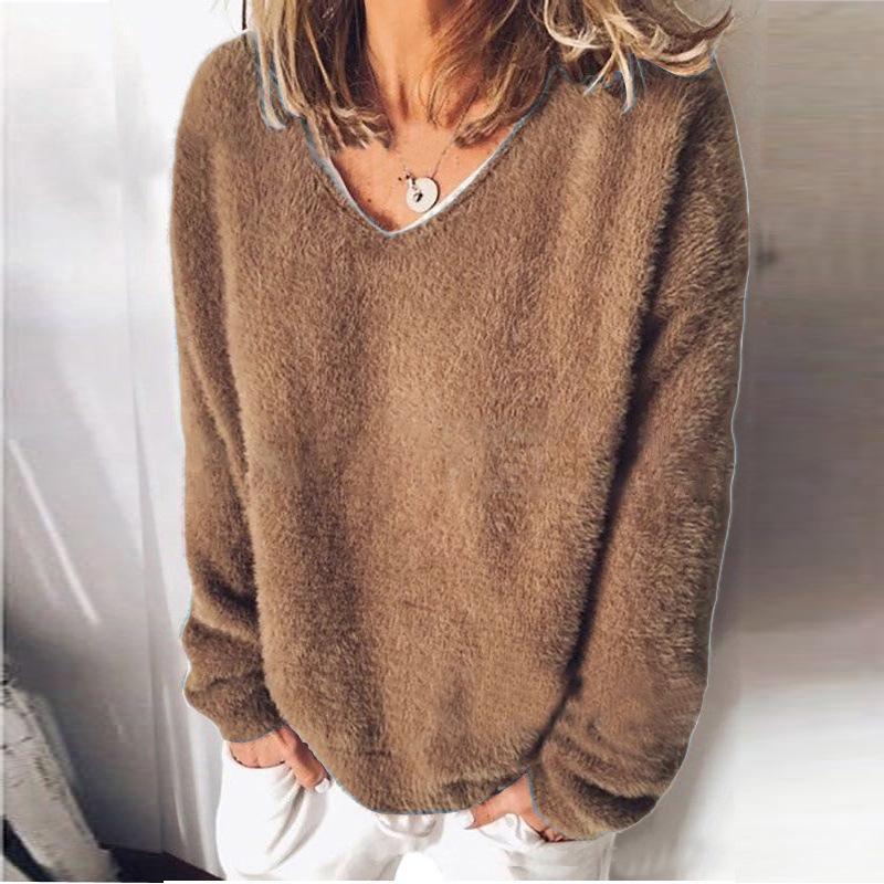 V-Neck Solid Color Furry Sweater