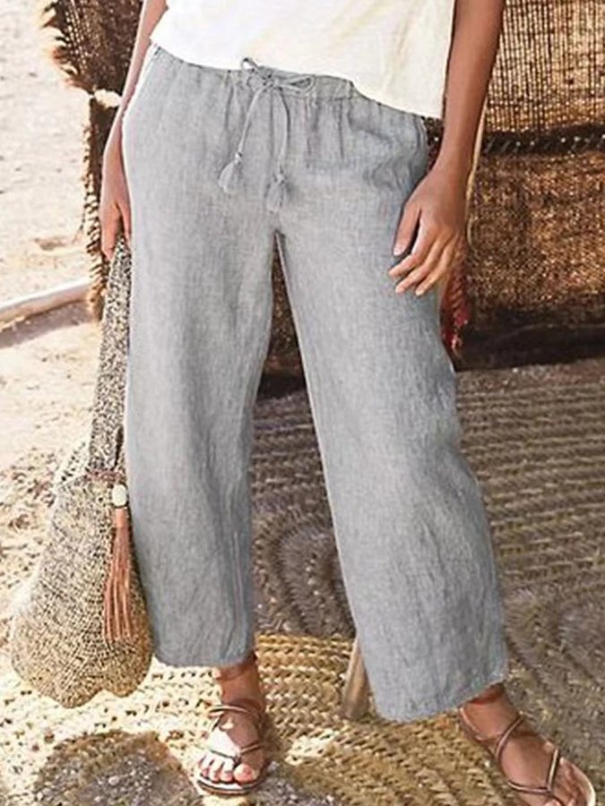 Ladies Cotton Linen Solid Color Drawstring Loose Wide Leg Pants