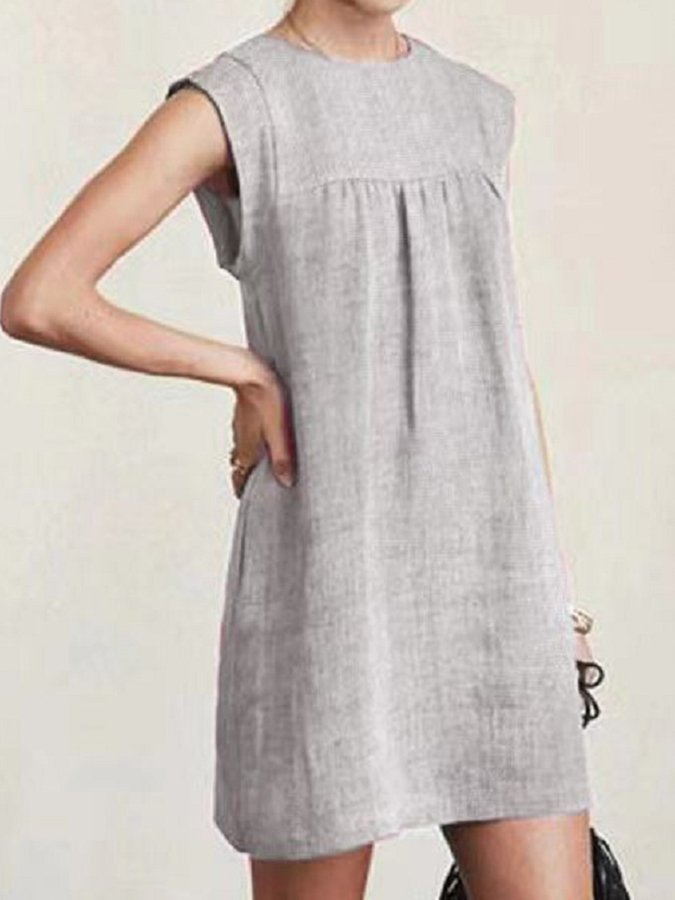Ladies cotton linen casual solid color dress