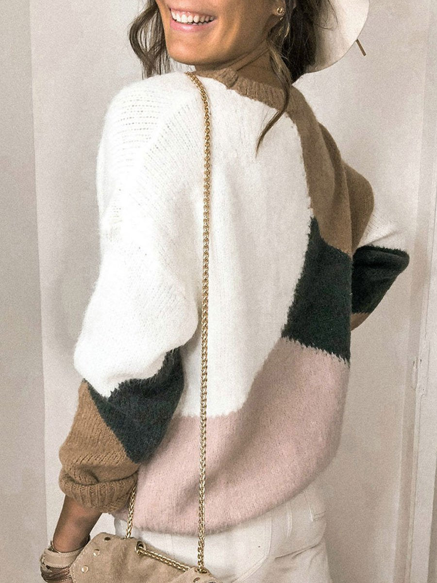 Round neck loose contrast stitching sweater