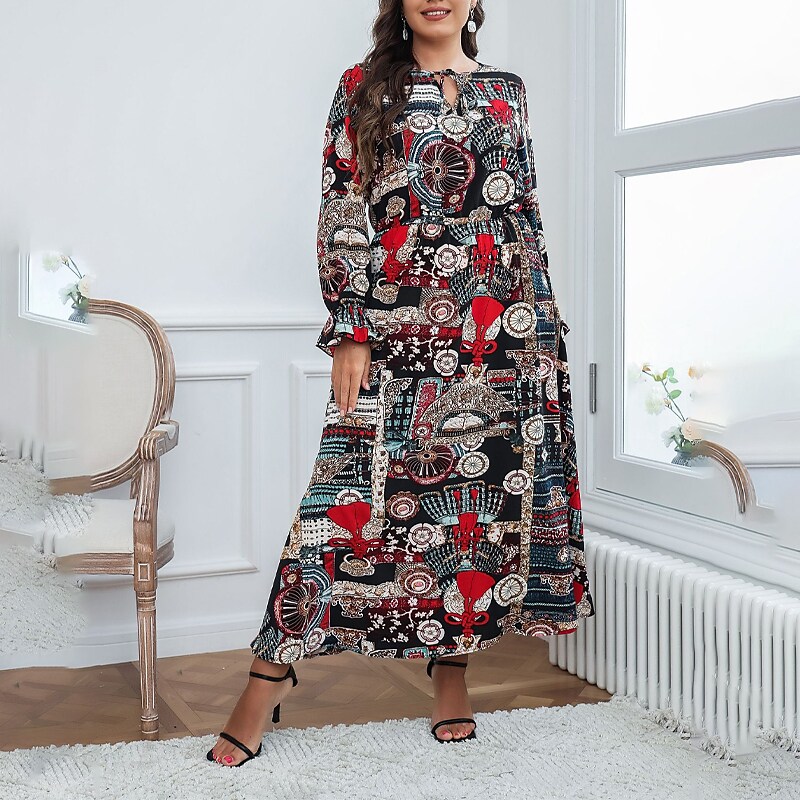 Women's Plus Size A Line Dress Print Crew Neck Long Sleeve Fall Winter Stylish Casual Maxi long Dress Date Vacation Dress