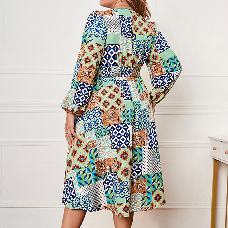 Women's Plus Size Casual Dress Geometric V Neck Long Sleeve Fall Winter Casual Midi Dress Causal Daily Dress