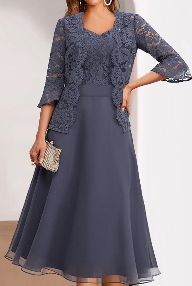 Women's Lace Dress Set 3/4 Length Sleeve Floral Embroidered Layered Ruched Dress