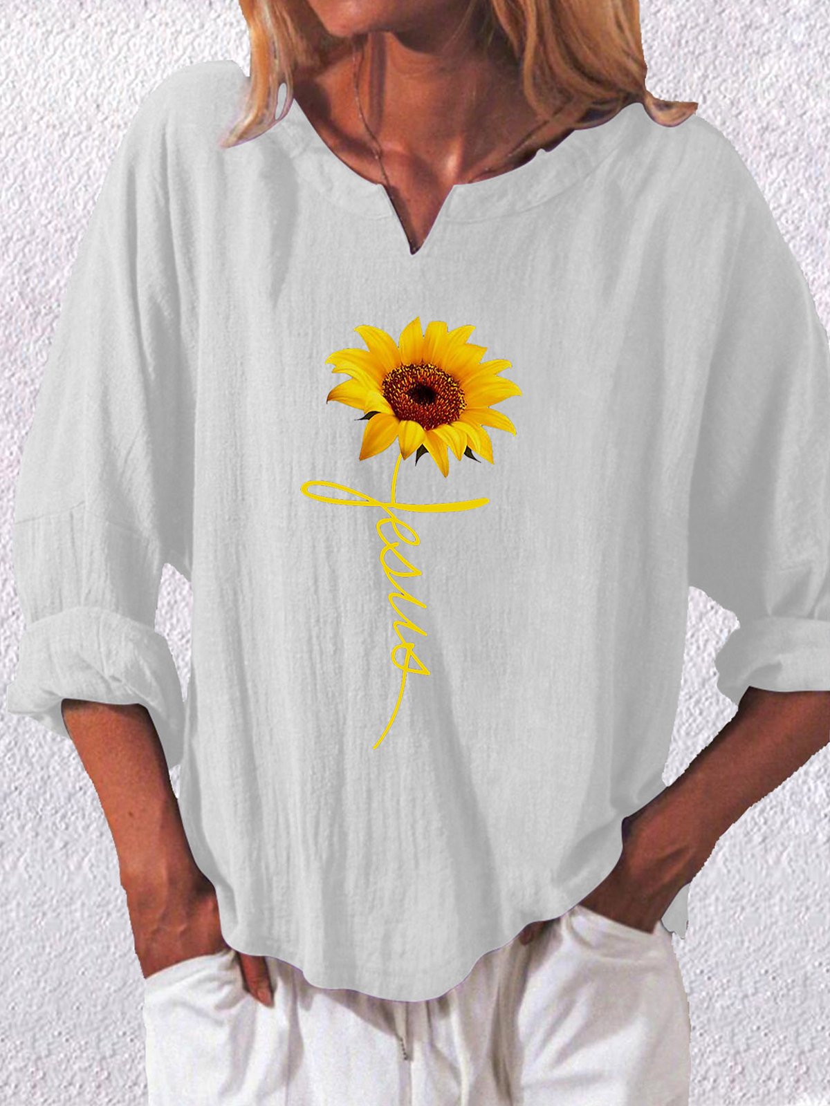 Women's Sunflower Jesus Faith Print Cotton Shirt