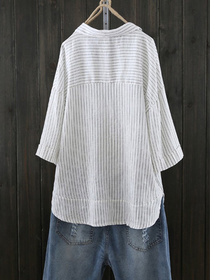 Women's Cotton Linen Striped Loose Casual Shirt