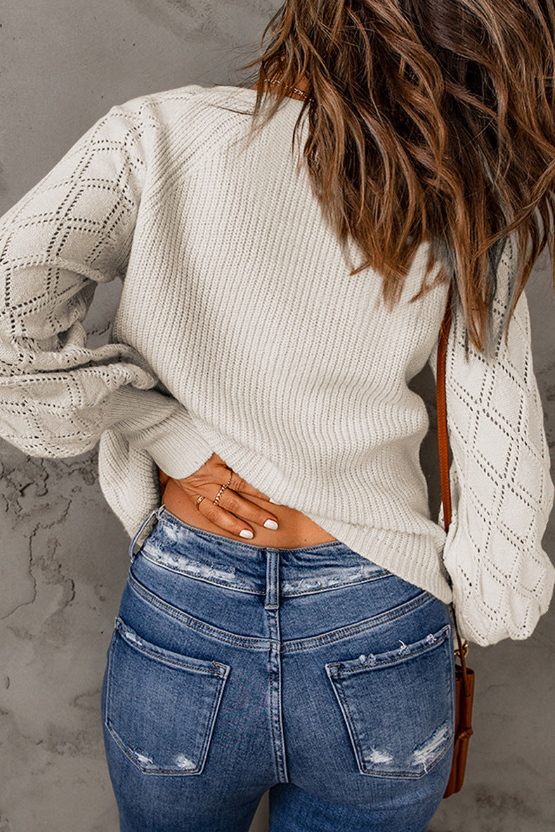 Women's Solid Diamond Long Sleeve Knit Sweater
