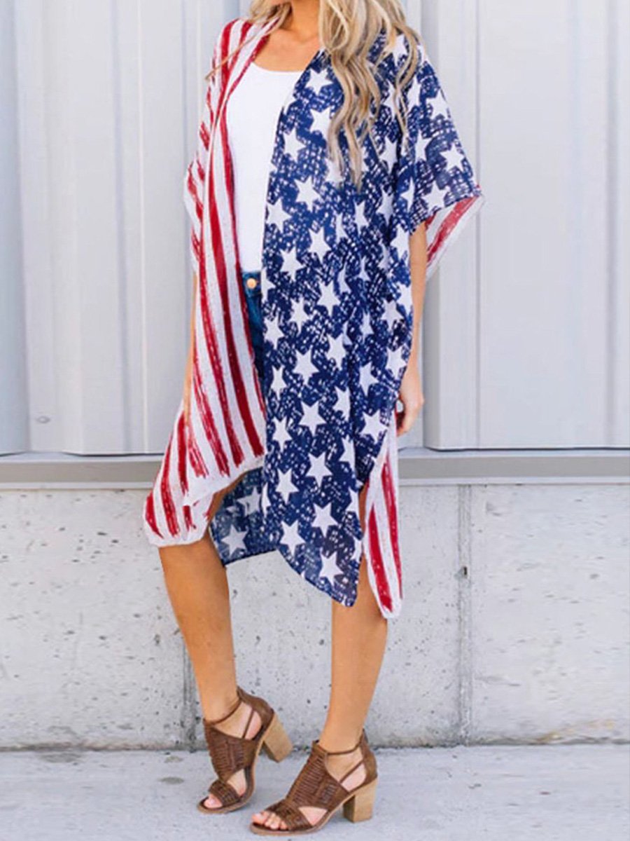 Irregular Hem Stars and Stripe Flag Kimono Cardigan