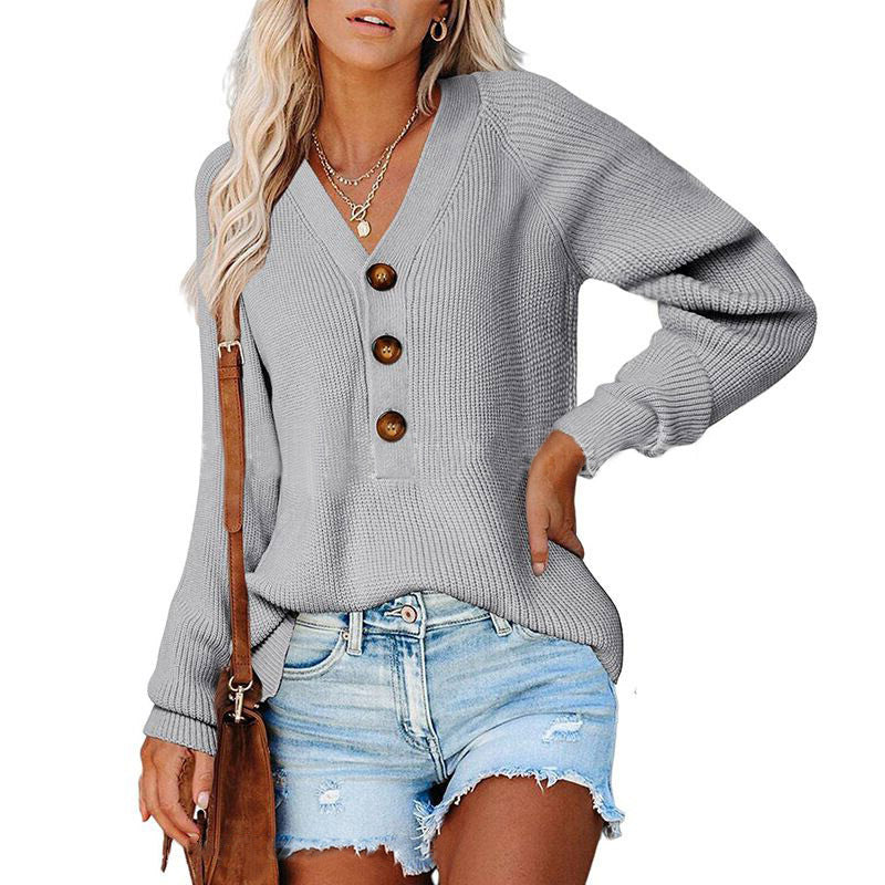 Women's Solid Long Sleeve Button Sweater