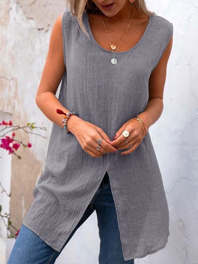 Women's Cotton Linen Slit Sleeveless Top