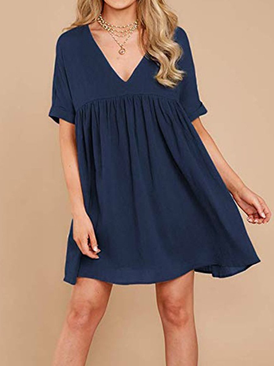Women's Solid Color Crinkled Cotton Linen V-Neck Dress