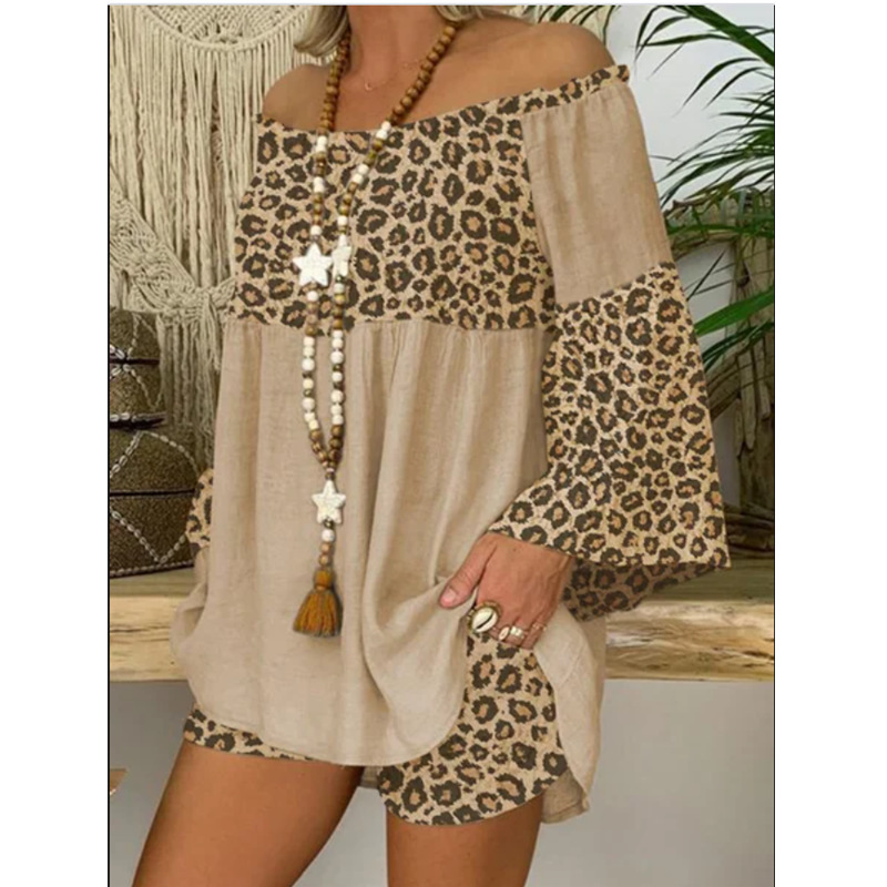 Leopard Splicing Loose plus Size Cotton and Linen Suit