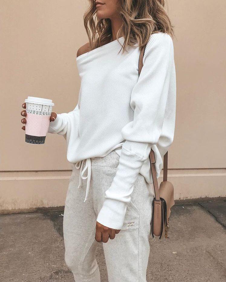 Oblique Neckline Solid Loose Regular Sweaters