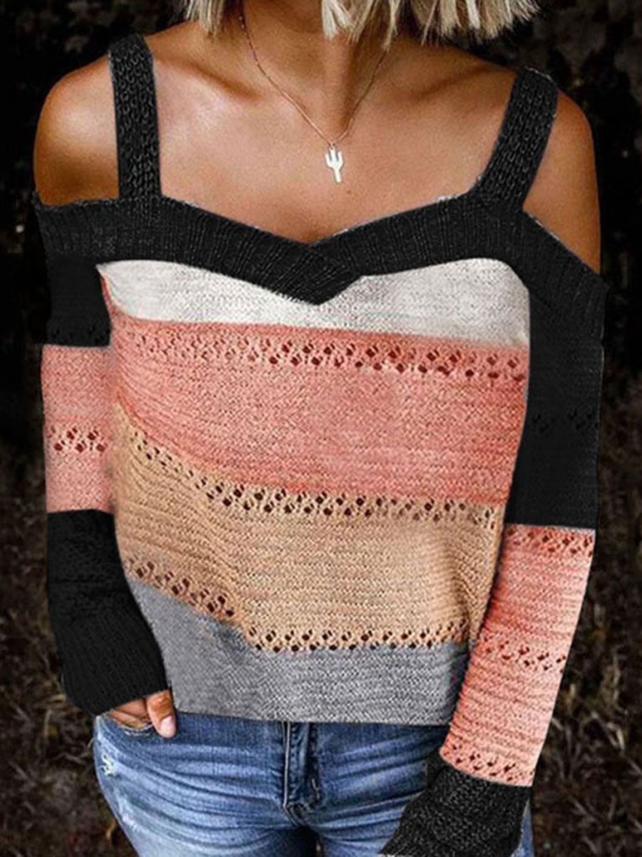 Off-the-shoulder stitching casual long-sleeved knitted sweater