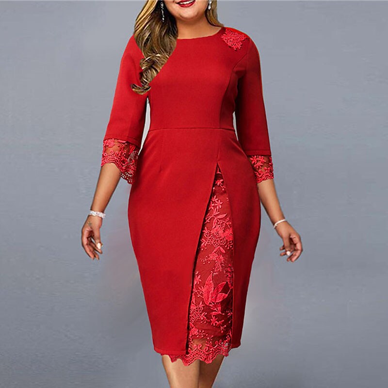 Women's Plus Size Party Dress Solid Color Round Neck Lace Dress