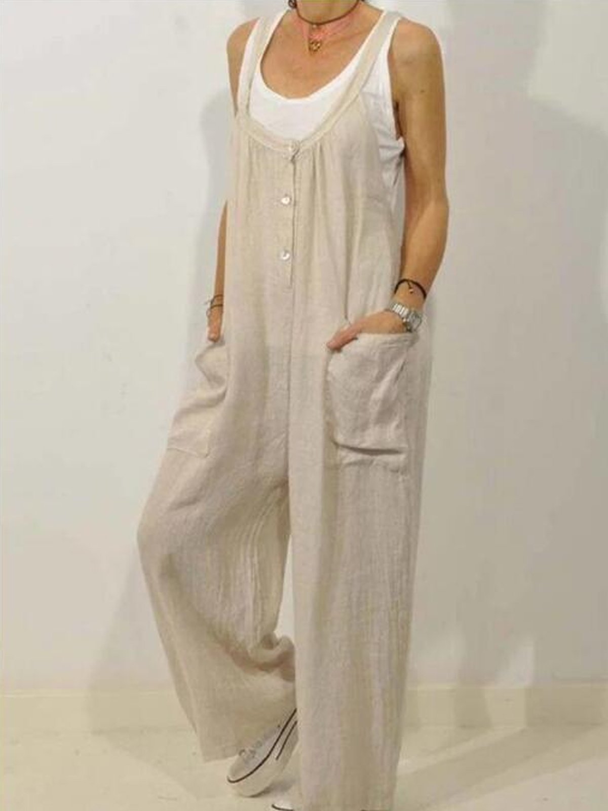 Women's Casual Pure Color Shirring Wide Leg Jumpsuit