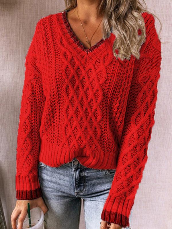 Women's Twisted V-Neck Knitted Long Sleeve Sweater