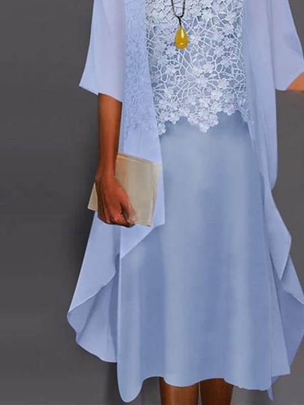 Women's Dress Set Two Piece Dress Shift Dress Midi Dress Light Blue Half Sleeve Pure Color Lace Fall Spring Autumn Crew Neck 2022 M L XL XXL XXXL 4XL 5XL