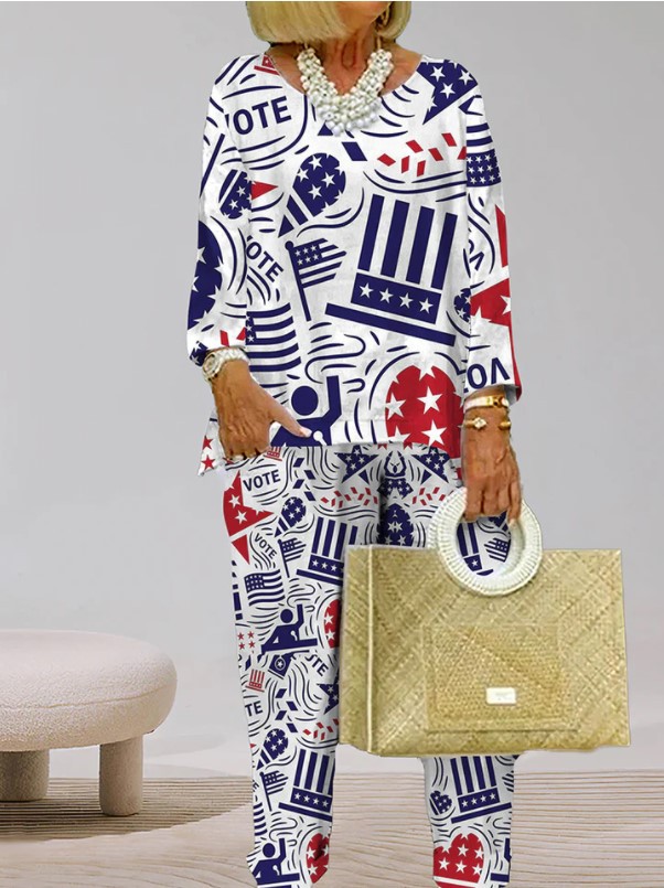 Printed Long-Sleeved Top Trousers Two-Piece Suit