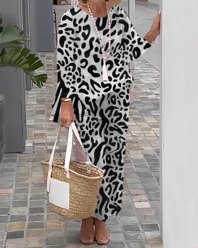 Leopard Print Long Sleeve Plaid Top Pants Two-Piece Suit