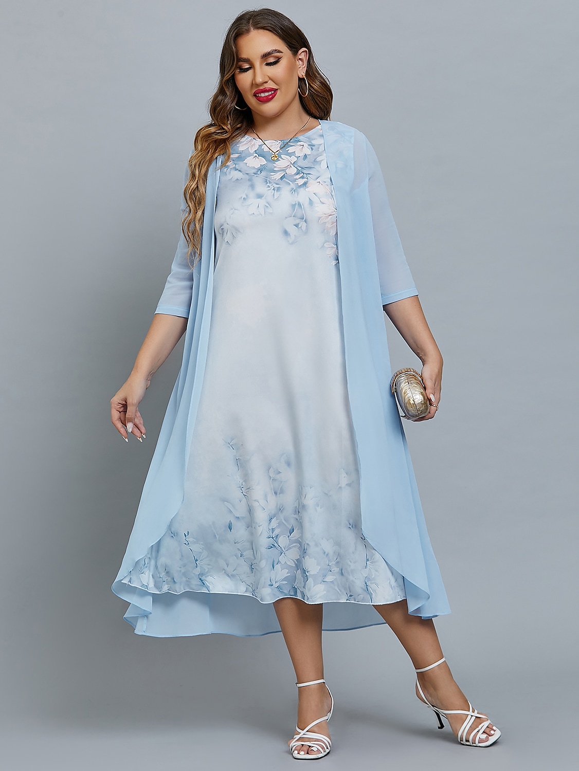 Women's Plus Size Curve Two Piece Dress Floral Round Neck Print 3/4 Length Sleeve Spring Summer Casual Knee Length Dress Causal Daily Dress