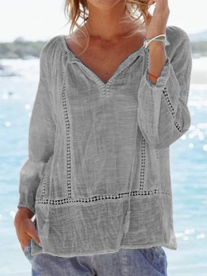 Solid Color Long Sleeve V-Neck Casual Shirt