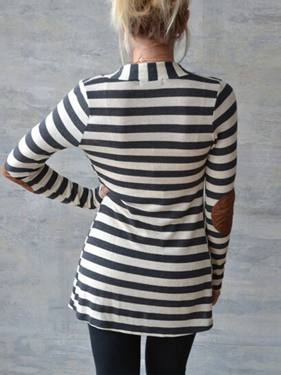 Slim Long Sleeves Striped Arm Patched Cardigan